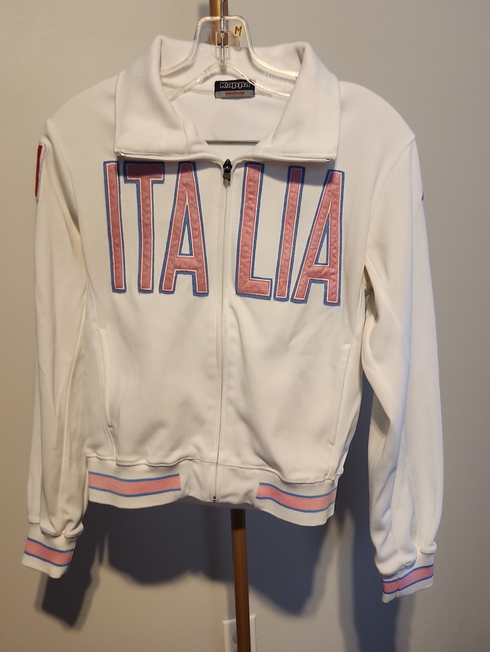 Kappa White ITALIA Zip-Front Bomber Jacket with Pink & Blue Trim